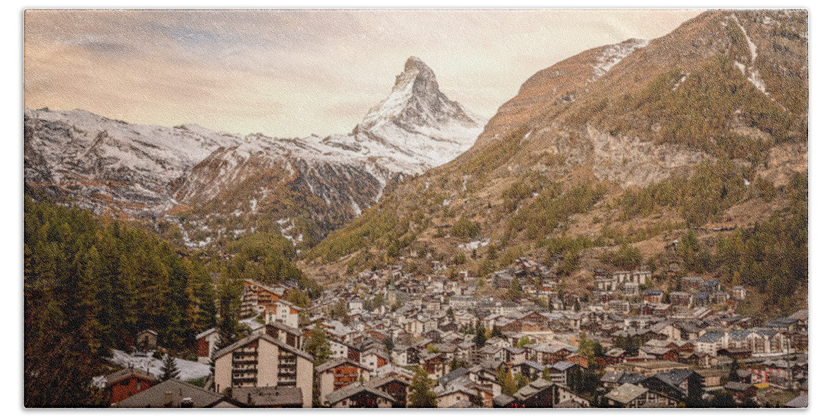 Cold Temperature Bath Towel featuring the photograph Zermatt village at sunrise with the Matterhorn by Benoit Bruchez