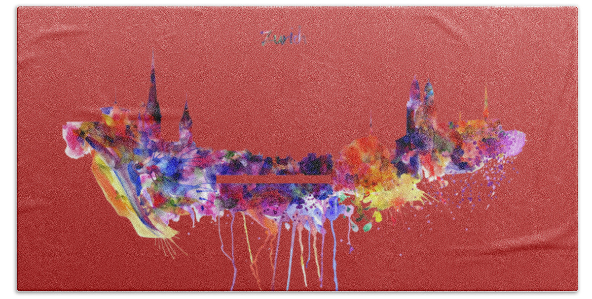 Marian Voicu Bath Towel featuring the painting Zurich Skyline by Marian Voicu