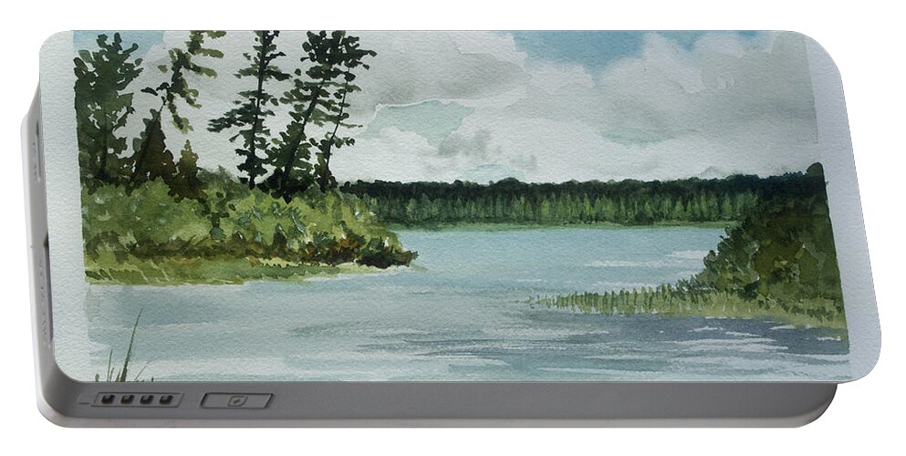 This Is A Plein Air (painted On Site) Watercolor Of Allequash Lake In Northern Wisconsin Portable Battery Charger featuring the painting Allequash Lake by Helen Klebesadel