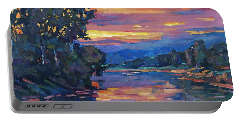 Landscape Portable Battery Charger featuring the painting Dusk River by David Lloyd Glover