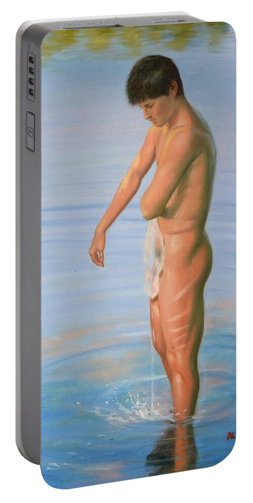 Original Portable Battery Charger featuring the painting Original Classic Oil Painting Man Body Male Nude #16-2-4-08 by Hongtao Huang