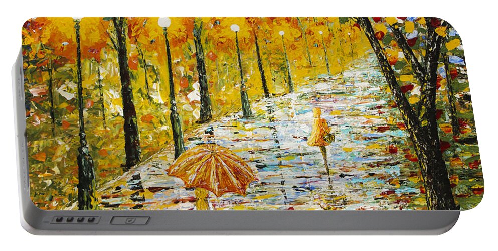Rainy Day Portable Battery Charger featuring the painting Rainy Autumn Beauty original palette knife painting by Georgeta Blanaru