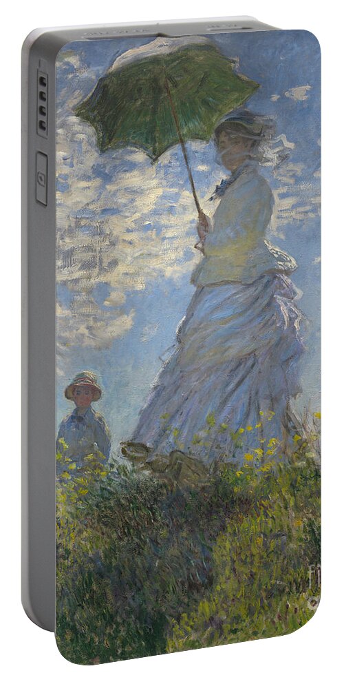Female; Male; Boy; Child; Hill; Walking; Walk; Stroll; Summer; Outdoors; Mother; Hat; Impressionist; Artists Portable Battery Charger featuring the painting Woman with a Parasol Madame Monet and Her Son by Claude Monet