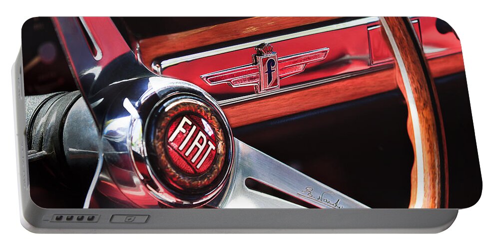 1961 Fiat 1500 S Osca Cabriolet Steering Wheel Portable Battery Charger featuring the photograph 1961 Fiat 1500 S OSCA Cabriolet Steering Wheel by Jill Reger