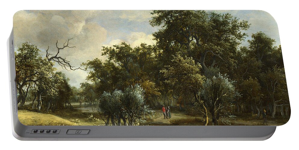 Meindert Hobbema Portable Battery Charger featuring the painting A Stream by a Wood #1 by Meindert Hobbema