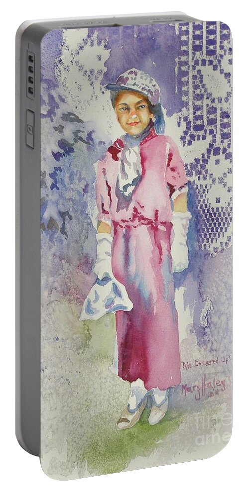 Girl Portable Battery Charger featuring the painting All Dressed UP #1 by Mary Haley-Rocks
