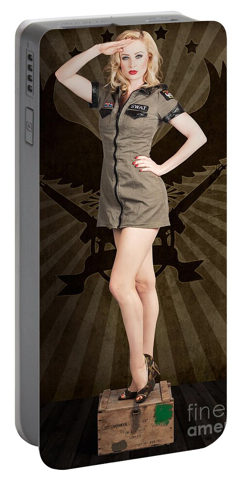 Army Portable Battery Charger featuring the photograph Attractive blond pin-up army girl. Military salute by Jorgo Photography