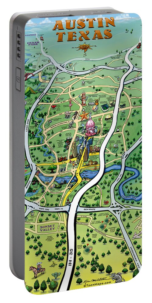 Austin Portable Battery Charger featuring the painting Austin Texas Cartoon Map #1 by Kevin Middleton
