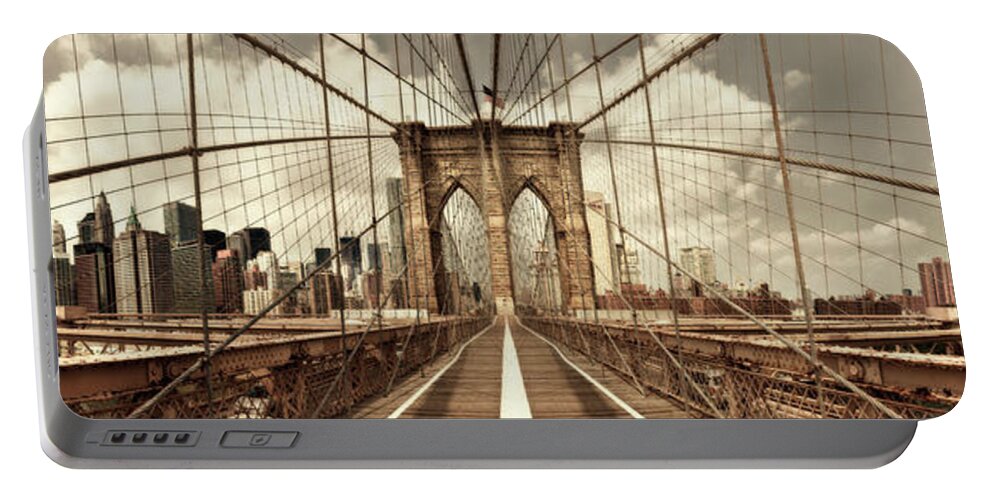 Brooklyn Portable Battery Charger featuring the photograph Brooklyn Bridge (sepia) by Shelley Lake