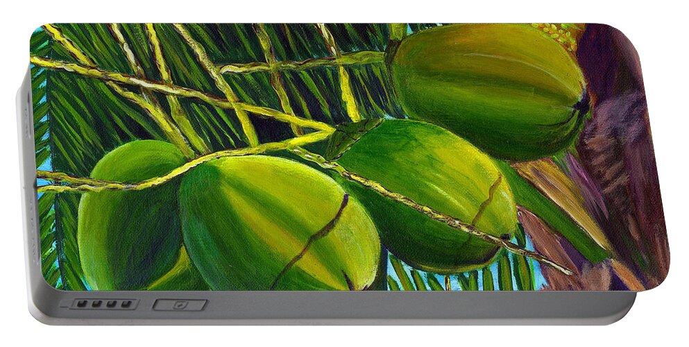 Coconuts Portable Battery Charger featuring the painting Coconuts at sunset by Laura Forde