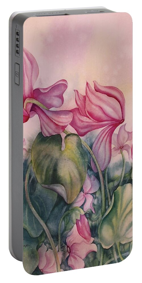 Pink Flowers Portable Battery Charger featuring the painting Cyclamen by Heather Gallup