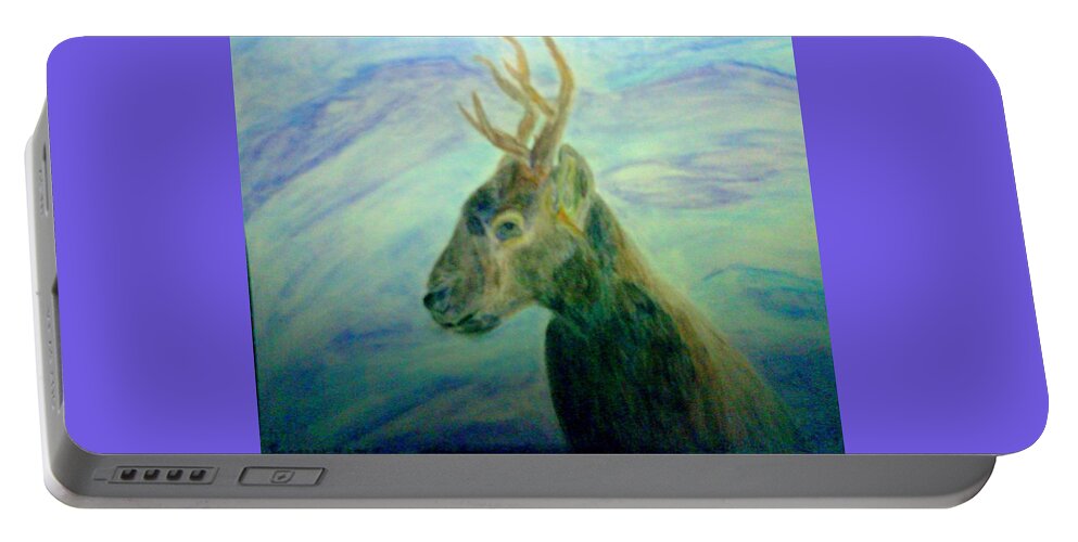 Deer Portable Battery Charger featuring the mixed media Deer at Home by Suzanne Berthier