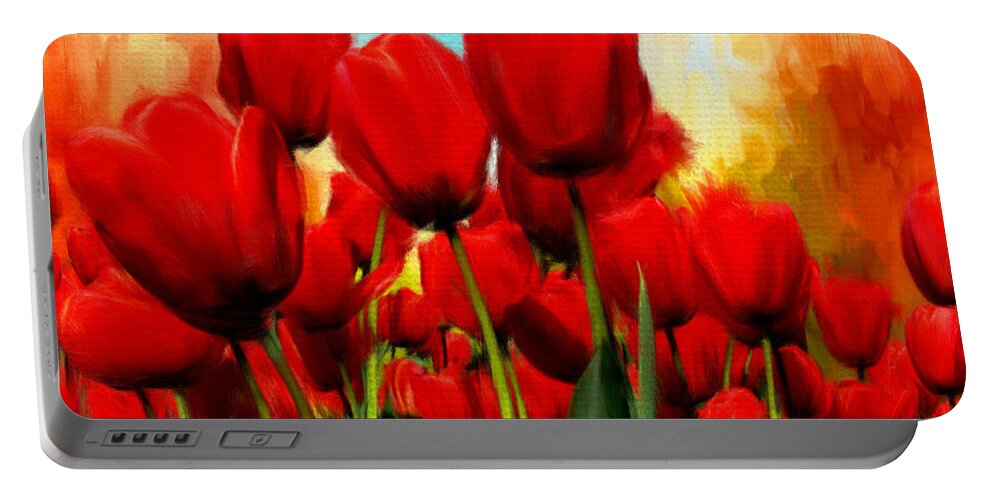 Red Tulips Portable Battery Charger featuring the digital art Devotion To One's Love- Red Tulips Painting by Lourry Legarde