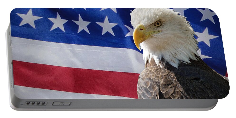 Eagle Portable Battery Charger featuring the photograph Eagle and Flag #1 by Alan Hutchins
