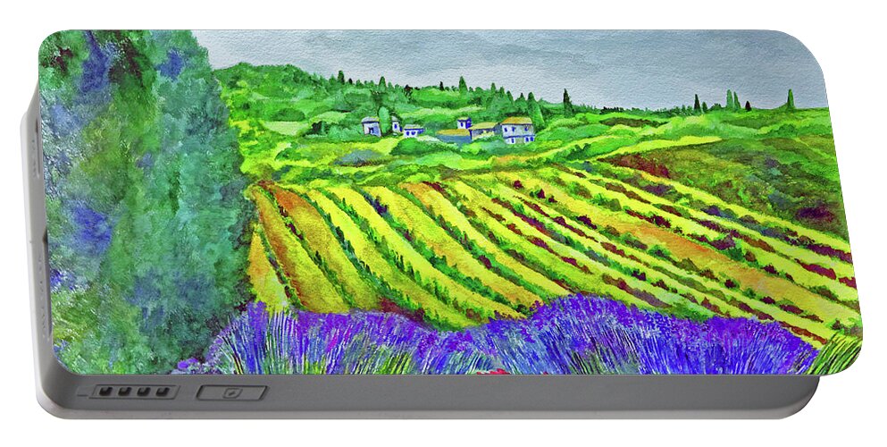 Italy Portable Battery Charger featuring the painting Fields at Dievole by Kandy Cross