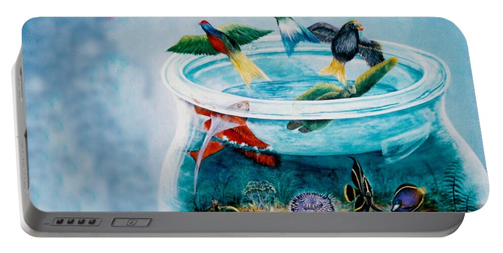 Surreal. Intuitive Portable Battery Charger featuring the painting Flight to Freedom by Lynn Buettner