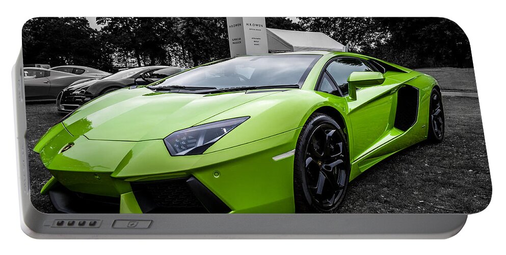 Lambo Portable Battery Charger featuring the photograph Green Aventador #3 by Matt Malloy