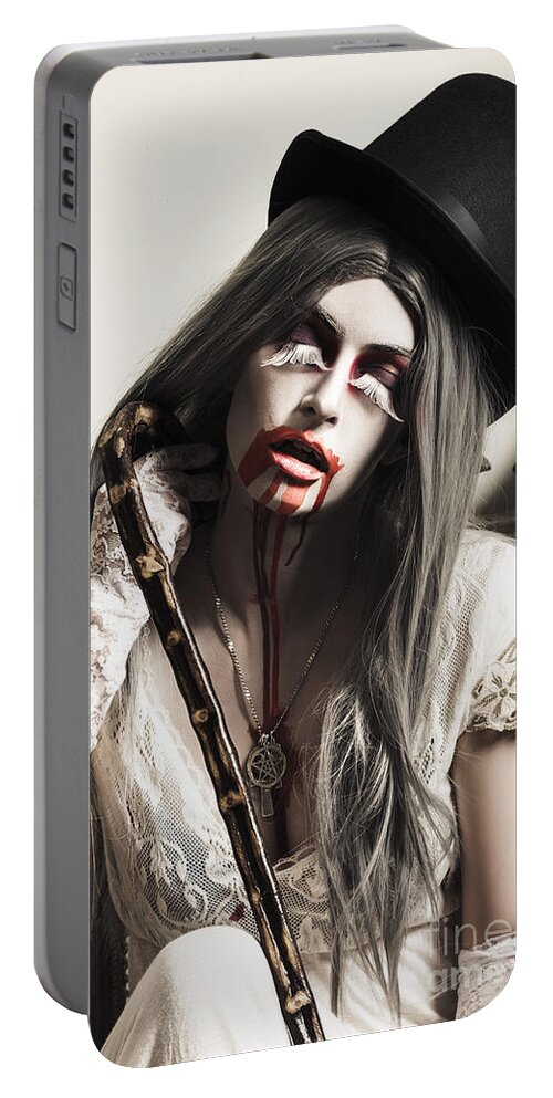 Horror Portable Battery Charger featuring the photograph Grunge ghost girl with blood mouth. Dark fine art #1 by Jorgo Photography