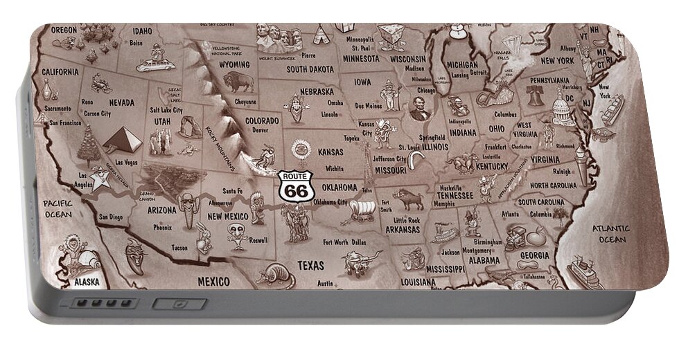 Route 66 Portable Battery Charger featuring the painting Historic Route 66 Cartoon Map by Kevin Middleton