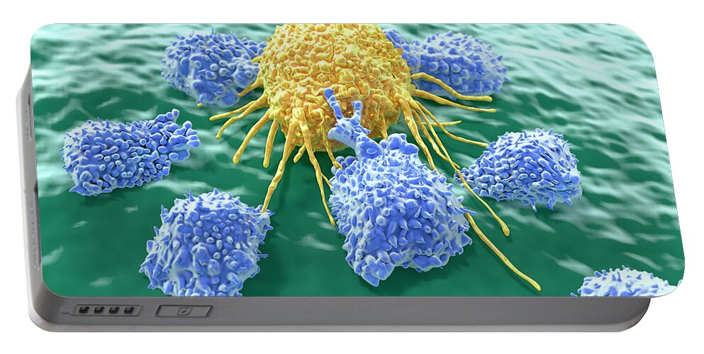 Art Portable Battery Charger featuring the photograph Lymphocytes Attacking A Cancer Cell #1 by Juan Gaertner