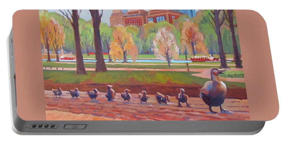 Boston Portable Battery Charger featuring the painting Make Way for Ducklings by Dianne Panarelli Miller