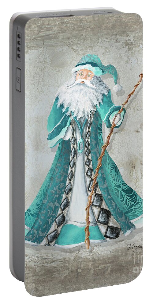 Santa Portable Battery Charger featuring the painting Old World Style Turquoise Aqua Teal Santa Claus Christmas Art by Megan Duncanson #1 by Megan Aroon