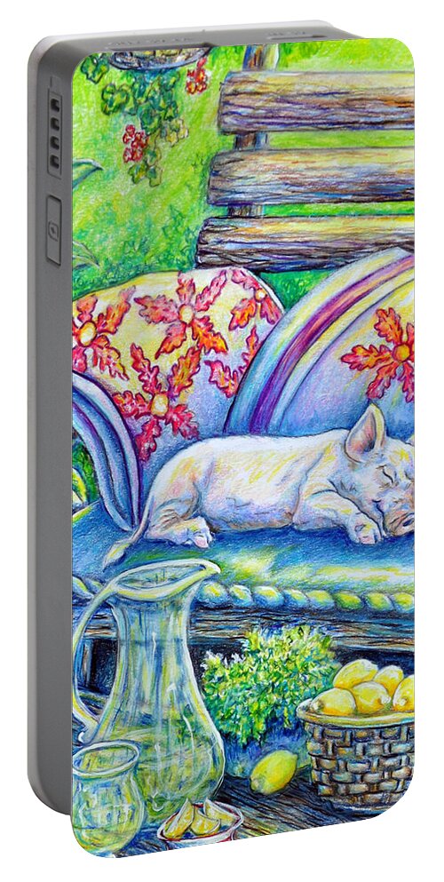 Pig Portable Battery Charger featuring the painting Pig On A Porch by Gail Butler