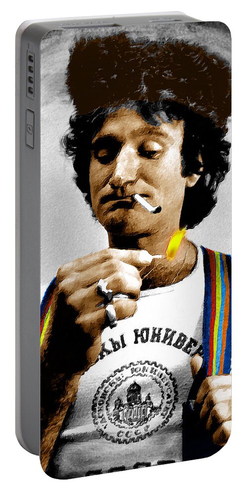 Robin Williams Portable Battery Charger featuring the painting Robin Williams and Quotes #2 by Tony Rubino