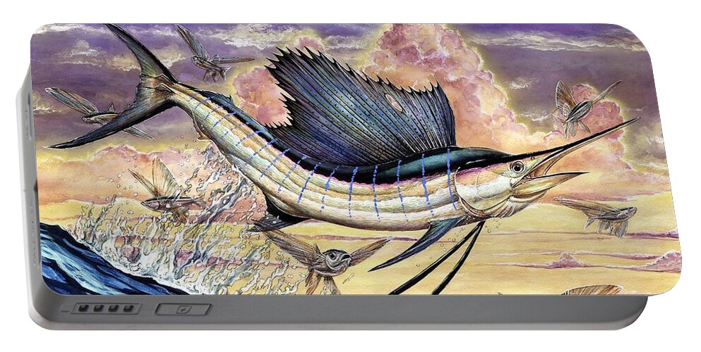 Sailfish Portable Battery Charger featuring the painting Sailfish And Flying Fish In The Sunset by Terry Fox