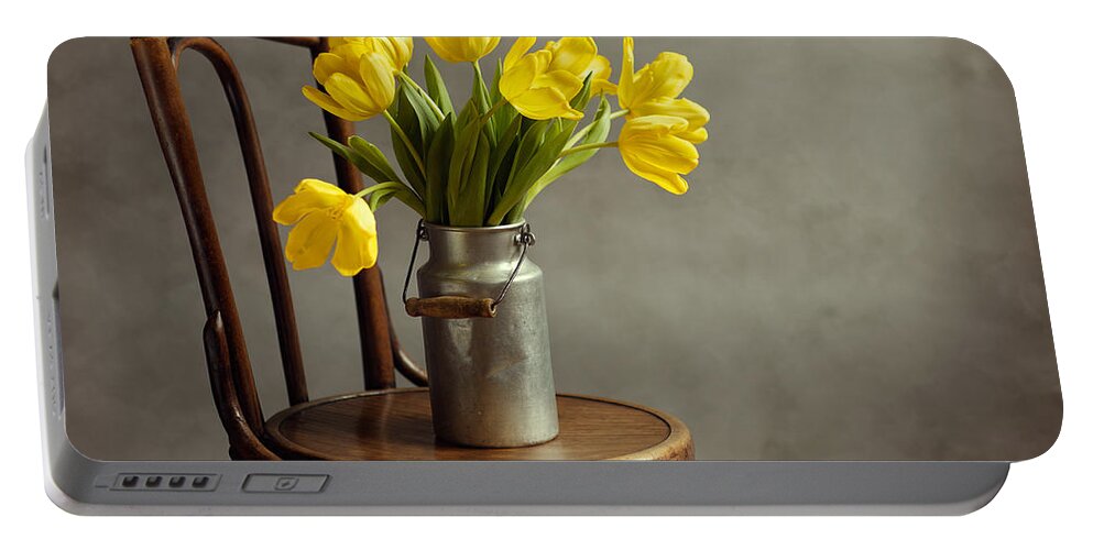 Tulip Portable Battery Charger featuring the photograph Still Life with Yellow Tulips #1 by Nailia Schwarz