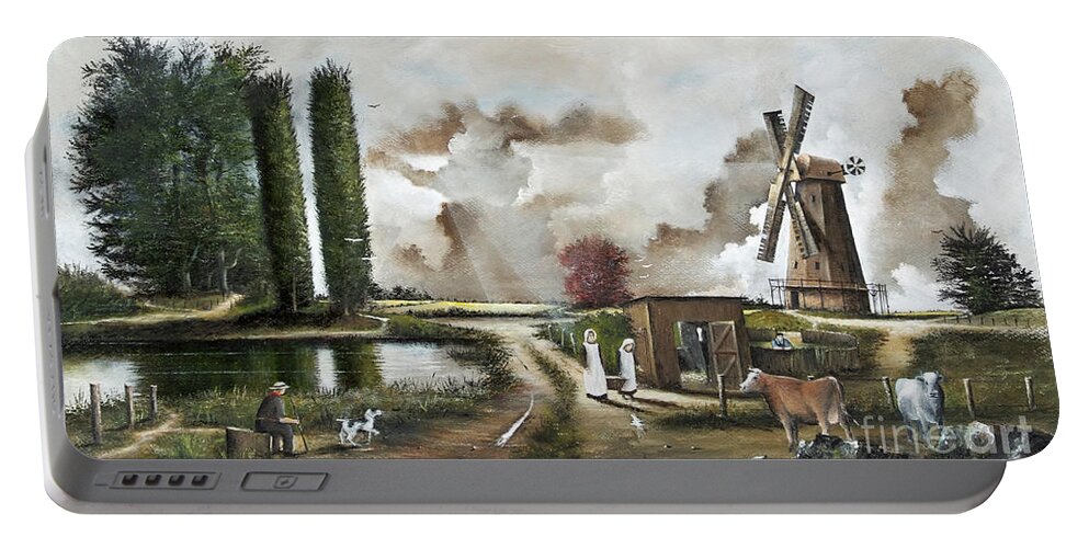 Countryside Portable Battery Charger featuring the painting The Windmill by Ken Wood