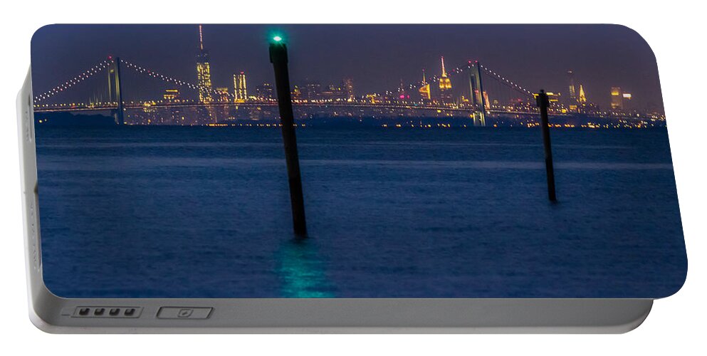 Bayshore Waterfront Portable Battery Charger featuring the photograph Verrazano-Narrows bridge and NYC skyline from Port Monmouth #1 by SAURAVphoto Online Store