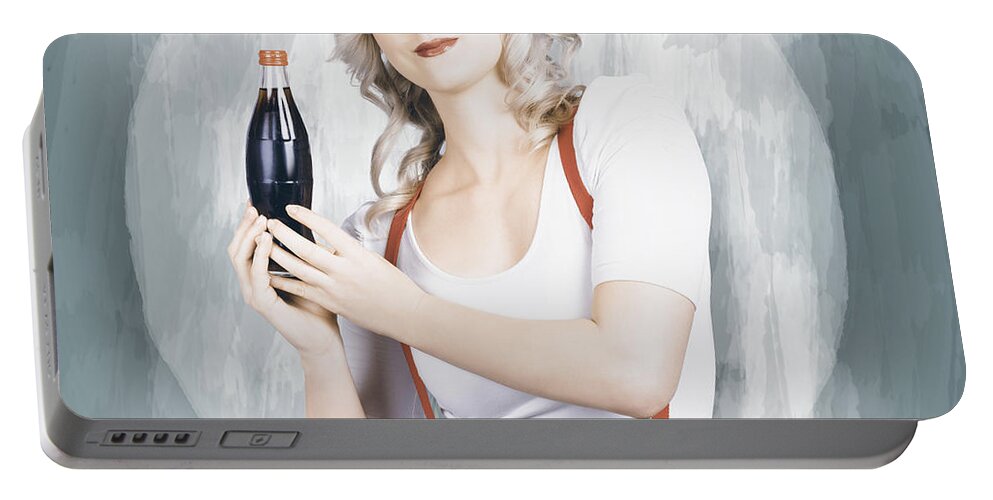 Drink Portable Battery Charger featuring the photograph Young beautiful retro lady holding soda drink #1 by Jorgo Photography