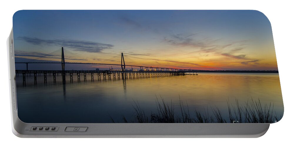 Arthur Ravenel Bridge At Sunset Portable Battery Charger featuring the photograph Peacefull Hues of Orange and Yellow by Dale Powell