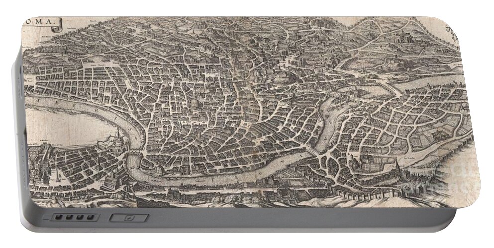 An Important And Stunning C. 1641 Bird's Eye View And Map Of Rome By Matthus Merian. Merian's Panoramic View Of Rome Portable Battery Charger featuring the photograph 1652 Merian Panoramic View or Map of Rome Italy by Paul Fearn