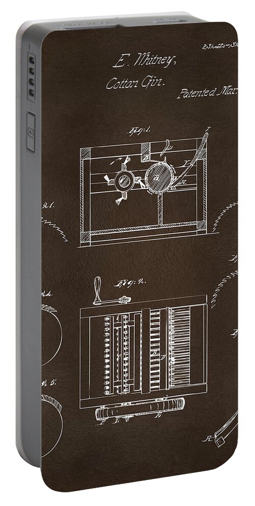 Eli Whitney Portable Battery Charger featuring the digital art 1794 Eli Whitney Cotton Gin Patent Espresso by Nikki Marie Smith