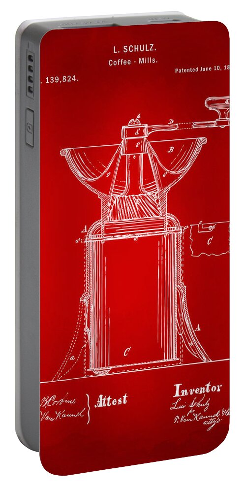 Coffee Portable Battery Charger featuring the digital art 1873 Coffee Mills Patent Artwork Red by Nikki Marie Smith