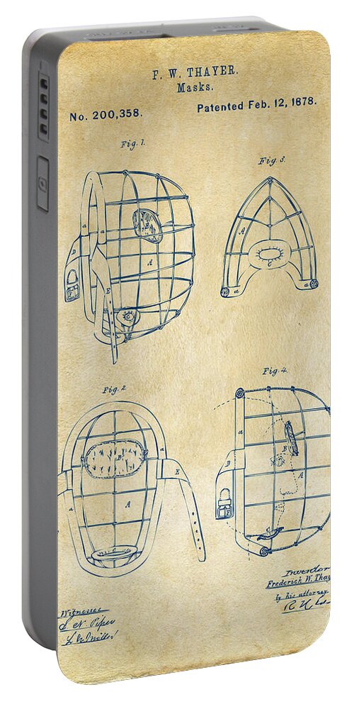 Baseball Portable Battery Charger featuring the digital art 1878 Baseball Catchers Mask Patent - Vintage by Nikki Marie Smith