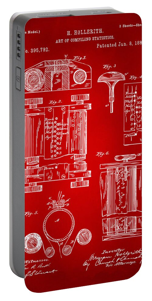 First Computer Portable Battery Charger featuring the digital art 1889 First Computer Patent Red by Nikki Marie Smith
