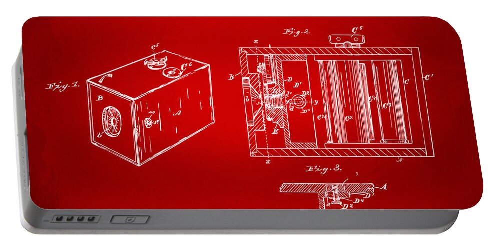Camera Patent Portable Battery Charger featuring the digital art 1889 George Eastman Camera Patent Red by Nikki Marie Smith