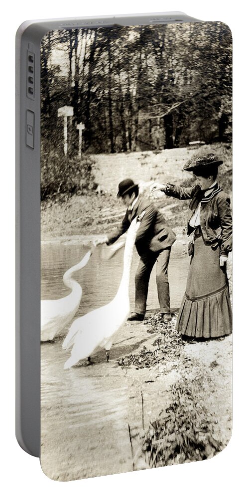 Retro Portable Battery Charger featuring the photograph 1890 Feeding Swans in Paris by Historic Image