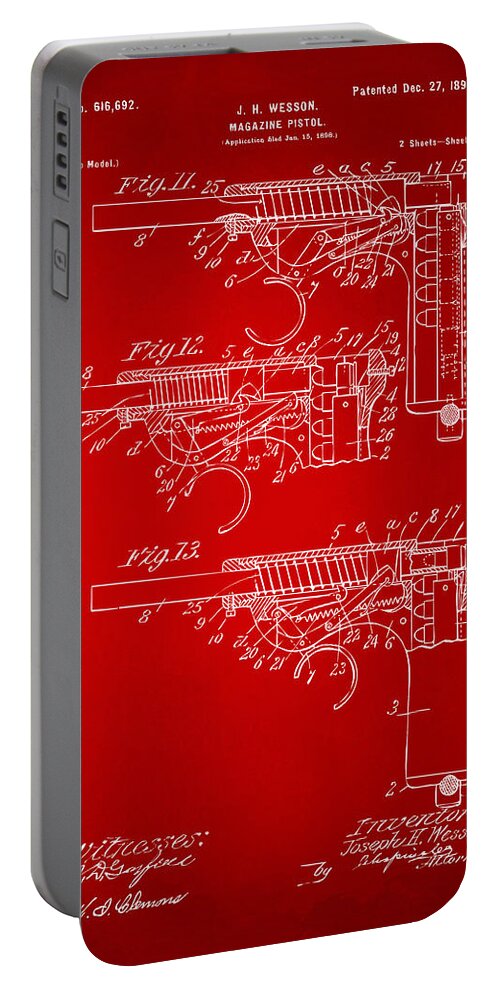 Wesson Pistol Portable Battery Charger featuring the drawing 1898 Wesson Magazine Pistol Patent Artwork 2 - Red by Nikki Marie Smith