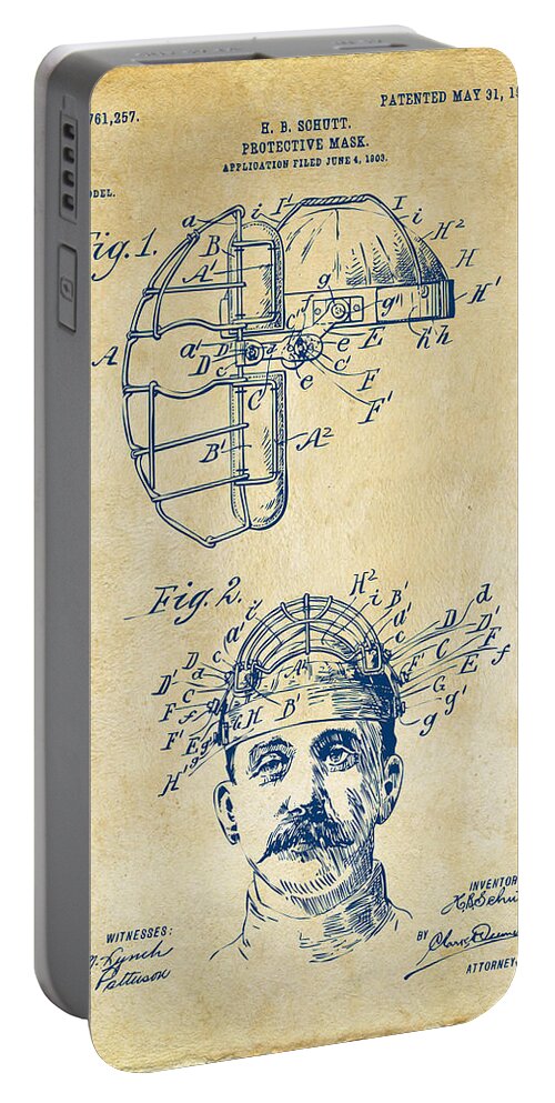 Baseball Portable Battery Charger featuring the digital art 1904 Baseball Catchers Mask Patent Artwork - Vintage by Nikki Marie Smith