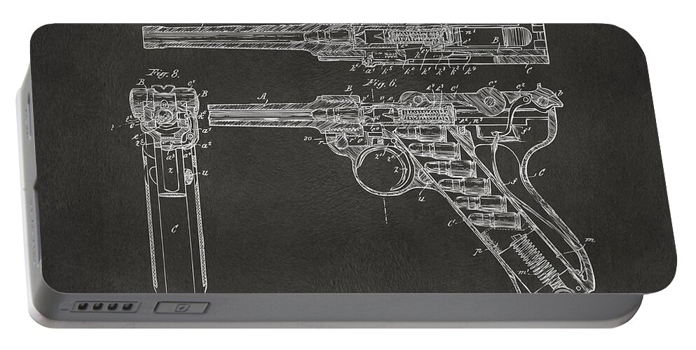 Luger Portable Battery Charger featuring the digital art 1904 Luger Recoil Loading Small Arms Patent - Gray by Nikki Marie Smith