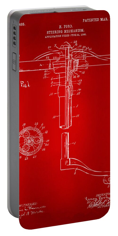 Henry Ford Portable Battery Charger featuring the digital art 1907 Henry Ford Steering Wheel Patent Red by Nikki Marie Smith