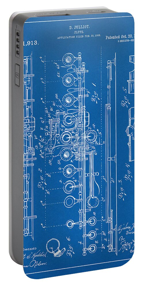 Flute Portable Battery Charger featuring the digital art 1908 Flute Patent - Blueprint by Nikki Marie Smith