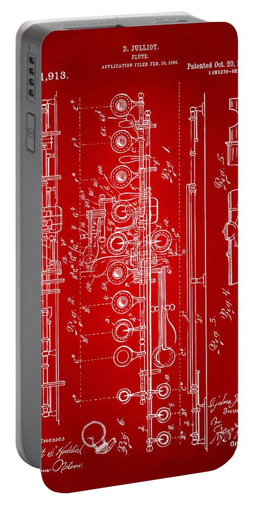 Flute Portable Battery Charger featuring the digital art 1908 Flute Patent - Red by Nikki Marie Smith