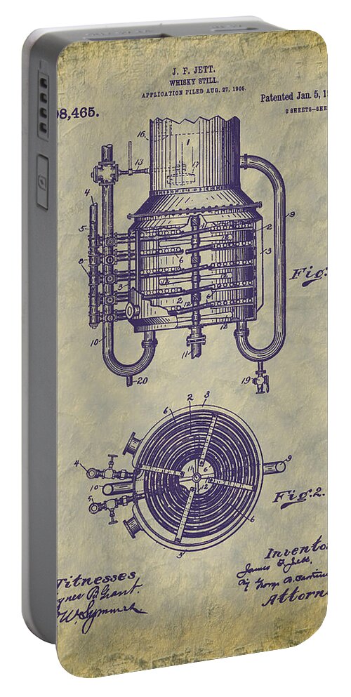 Whiskey Still Portable Battery Charger featuring the digital art 1909 Jett Whiskey Still Patent by Barry Jones
