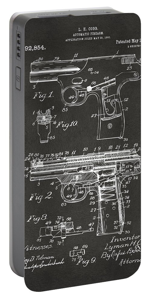 Police Gun Portable Battery Charger featuring the digital art 1911 Automatic Firearm Patent Artwork - Gray by Nikki Marie Smith