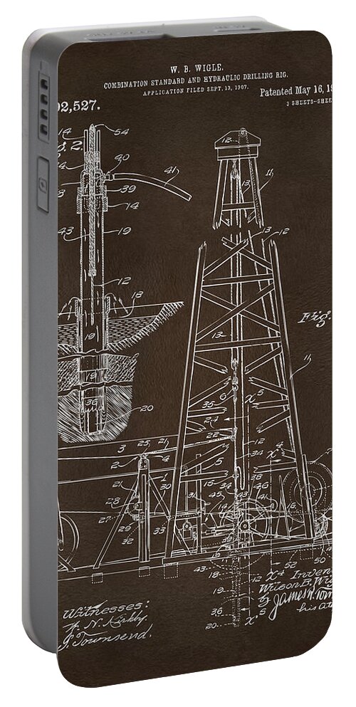 Oil Rig Portable Battery Charger featuring the digital art 1911 Oil Drilling Rig Patent Artwork - Espresso by Nikki Marie Smith